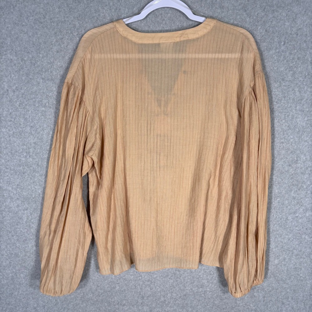 Worthington‎ Lace Up Blouse Large Tan Textured Balloon Sleeve Semi Sheer Neutral - Picture 9 of 11